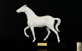 Beswick Horse Figure ' Spirit of Fire ' White Matt Colour way. Raised on Rectangular Shaped Wooden