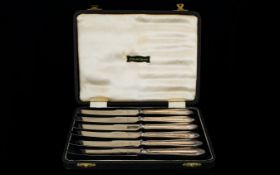E. Viner Boxed Set of Six Silver Handle Butter knifes. Maker E. Viner. Hallmark Sheffield 1949.