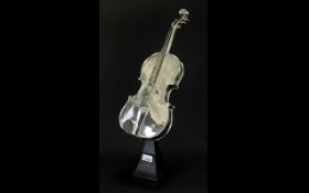 Modern Decorative Silvered Violin Suspended On Plinth. Height 24.5 Inches.