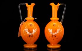 Victorian Period - Art Glass Nice Quality Hand Painted Pair of Orange Glass Pitchers / Jugs with