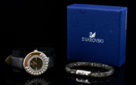 Swarovski Lovely Crystals Fashion Watch And Stardust Jet Bracelet Boxed mesh bracelet with silver