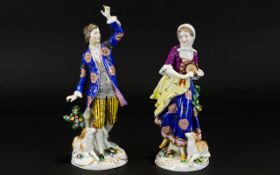 Sitzendorf Late 19th Century Pair of Hand Painted Porcelain Figures of Male and Female - Musician