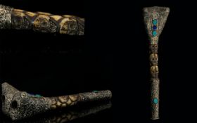 South American Flute. Decorated With Turquoise Stones And With Silvered Aztec Detail.