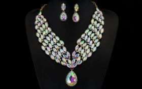 Mystic Aurora Borealis Crystal Collar Necklace and Pendant Earrings Set,