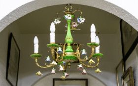 Continental Vintage Five Arm Brass And Ceramic Floral Chandelier A large chandelier with original