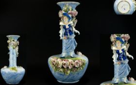 French 19th Century Large and Impressive Hand Painted Barbotine Porcelain Figural Vase with