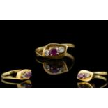 18ct Gold - Attractive Ruby and Diamond 3 Stone Dress Ring.