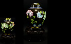 A Twentieth Century Cloisonne Ginger Jar Large ginger jar on reticulated, footed wooden stand,