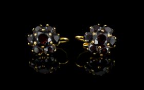 18ct Gold Superb Quality Pair of Garnet Set Earrings. Flowerhead Setting.