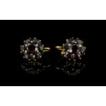 18ct Gold Superb Quality Pair of Garnet Set Earrings. Flowerhead Setting.