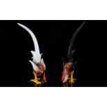 A Pair Of Murano Glass Cockerels Two miniature glass birds each with heads lowered and exaggerated