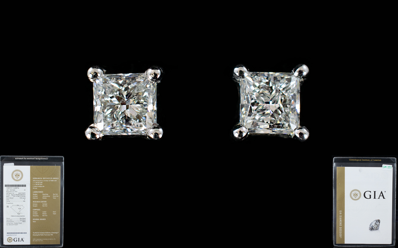 Contemporary Design - Superb Pair of Square Cut Diamond Earrings, Set In 18ct White Gold.