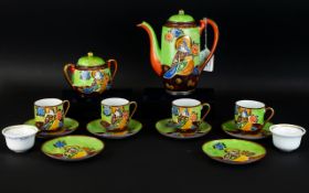 Japanese Eggshell Ceramic Part Coffee Service Bright green ground with Samurai decoration,