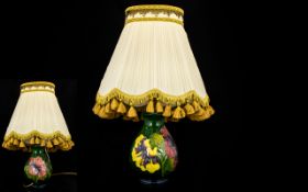 Moorcroft Tube lined Lamp Base In The ' Hibiscus ' Pattern on Emerald Green Ground. c.1950's.