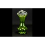 Whitefriars Style Art Nouveau Glass Vase Green hand blown vessel of fluted form with clear glass