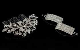 White Austrian Crystal Hair Comb and Clips, a pave set crystal flower to the centre with scrolling