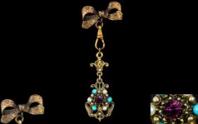 Victorian Period Gold Tone Metal Ornate Combined Brooch and Stone Set Pendant Drop,