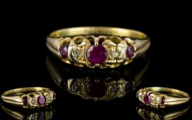 Antique Period - Ladies 18ct Gold Set Ruby and Diamond Dress Ring In a Gallery Setting.