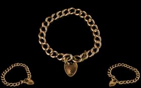 Antique Period 9ct Rose Gold Curb Bracelet with Heart Shaped 9ct Gold Padlock and Safety Chain.