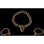 Antique Period 9ct Rose Gold Curb Bracelet with Heart Shaped 9ct Gold Padlock and Safety Chain.