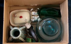Box of Collectable Glassware and Pottery including LSA Blue Glass Vase,