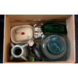 Box of Collectable Glassware and Pottery including LSA Blue Glass Vase,