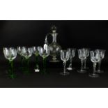 Glass Decanter Set comprising glass decanter and 6 wine glasses.