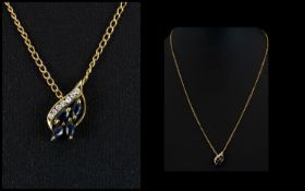 Ladies 9ct Gold Diamond and Sapphire Pendant Drop with 9ct Gold Chain Attached. Fully Hallmarked for