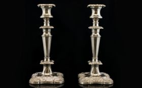 Edwardian Period Pair of Silver Plated Candlesticks In The Classical Style with Heavy Embossed