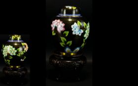 A Twentieth Century Cloisonne Ginger Jar Large ginger jar on reticulated, footed wooden stand, the