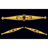 Antique Period - Superb Quality 18ct Gold Elongated Brooch Set with a Central Amethyst and Diamonds