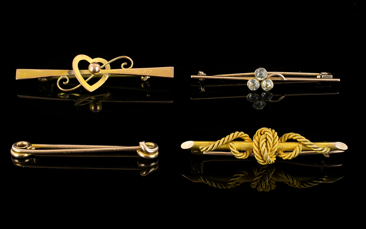 Collection of Gold Brooches ( 4 ) Four In Total. Comprises 1/ 15ct Gold Rope Brooch, Marked 15ct. 4.