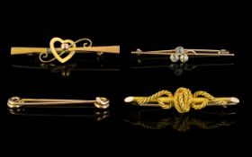 Collection of Gold Brooches ( 4 ) Four In Total. Comprises 1/ 15ct Gold Rope Brooch, Marked 15ct. 4.