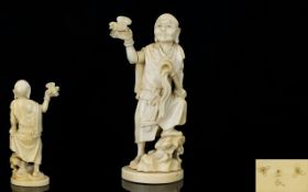 Japanese - Finely Carved and Signed Ivory Figure - Meiji Period 1864 - 1912 of a Wise Man / Sage,