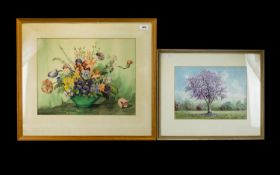 H. C Simpson 1960, Original Watercolour On Paper Depicting blossoming fruit tree in meadow, 10 X