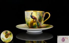 Royal Worcester Miniature Hand Painted Cup and Saucer ' Peacocks - Pheasants ' In a Woodland