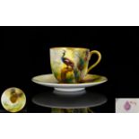 Royal Worcester Miniature Hand Painted Cup and Saucer ' Peacocks - Pheasants ' In a Woodland