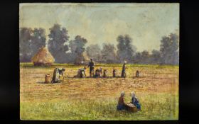 Original Oil On Board Unframed impressionistic oil on board depicting workers in cornfield with