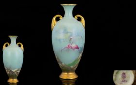 Royal Worcester Hand Painted - Small Twin Handle Urn Shaped Vase - Pink Flamingos on Powder Blue