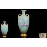 Royal Worcester Hand Painted - Small Twin Handle Urn Shaped Vase - Pink Flamingos on Powder Blue