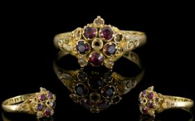 Antique Period 18ct Gold Garnet Set Cluster Ring of Excellent Quality and Detail.