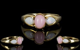 Ladies 9ct Gold 3 Stone Opal Dress Ring, The Opals of Pink and Pale Blue Colours.