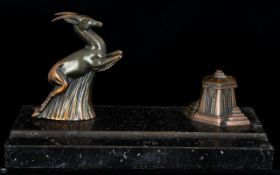 Art Deco Style Metal And Marble Inkwell Raised on rectangular black marble base with notched