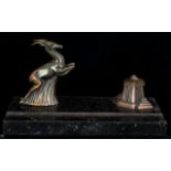 Art Deco Style Metal And Marble Inkwell Raised on rectangular black marble base with notched