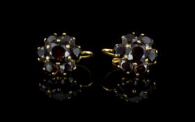 18ct Gold Superb Quality Pair of Garnet Set Earrings. Flowerhead Setting. Fully Hallmarked for 750 -