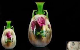 Royal Worcester / Hadleys Hand Painted Twin Handle Vase with Painted Images of Roses to Body of