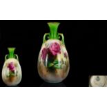 Royal Worcester / Hadleys Hand Painted Twin Handle Vase with Painted Images of Roses to Body of