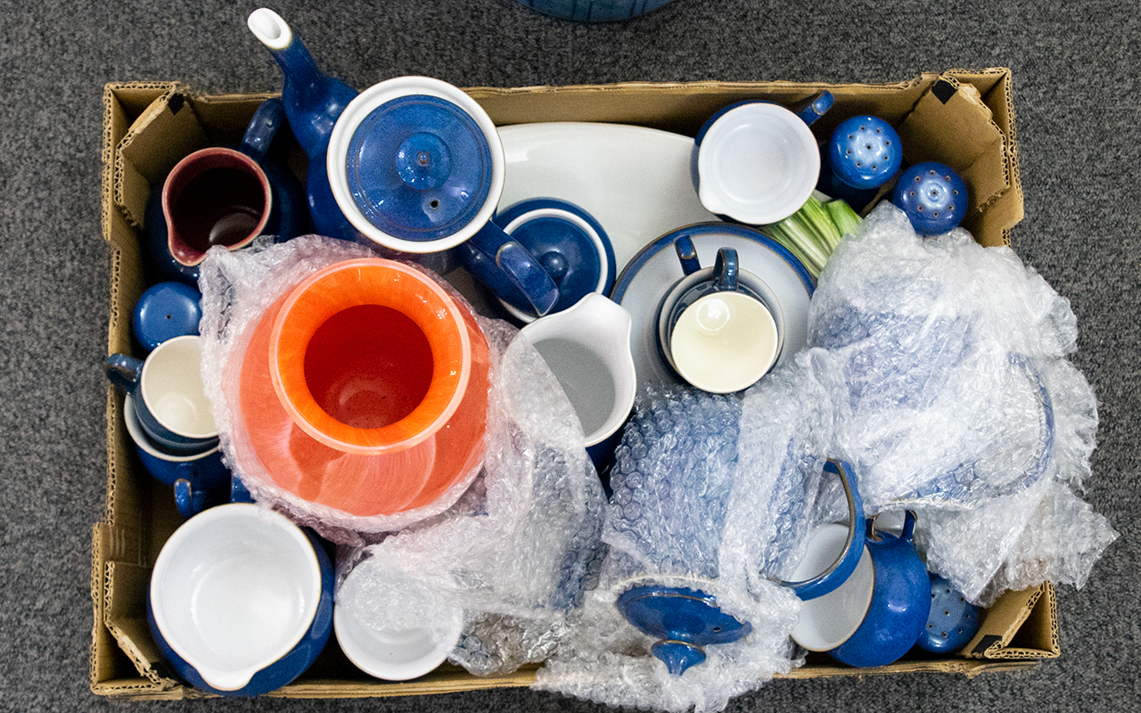 Denby Harlequin Mixed Lot Of Ceramics Comprising cups, saucers, water jug, tea and coffee pot,