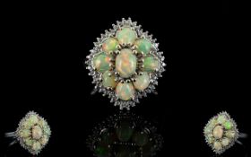 Opal and Natural White Zircon Cluster Ring,