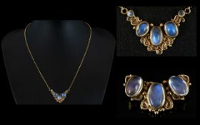 Ladies Attractive 9ct Gold Pendant Drop Set with Moonstones - Blue ( 3 ) with Integral / Attached